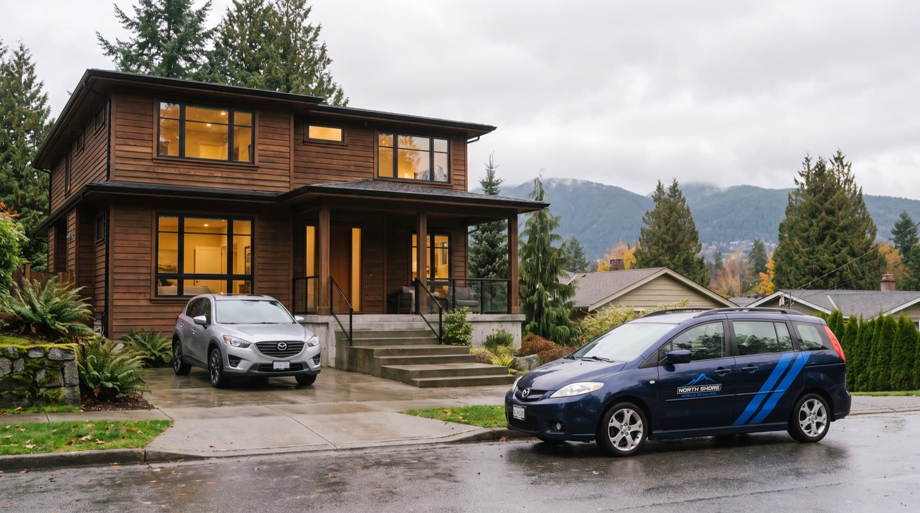 A clean SUV in the driveway of a home on the North Shore, with the detailing car parked on the street in front
