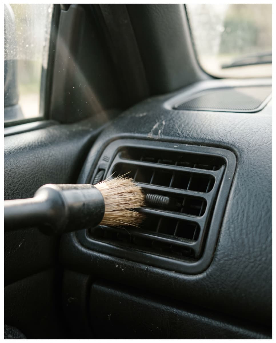 Soft detailing brush cleaning between the slats of a dashboard air vent