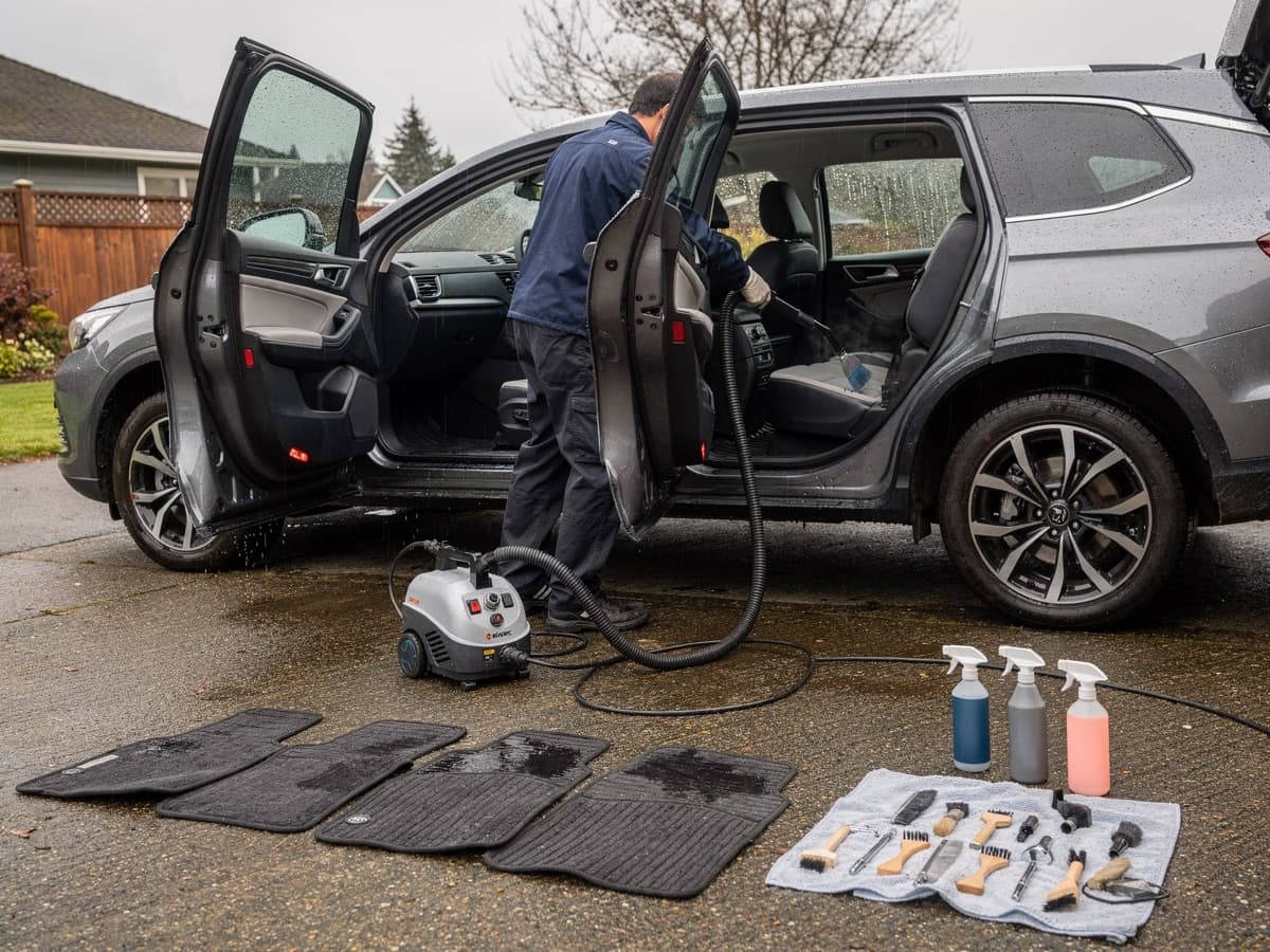 Grey SUV with all doors open while a detailer runs a hot-water extractor on the seats, floor mats and brushes laid out on the driveway