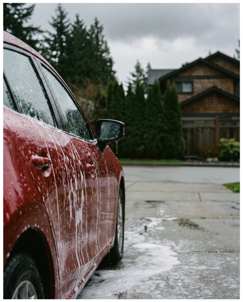 Thick white foam sliding down the door of a red hatchback in a wet driveway
