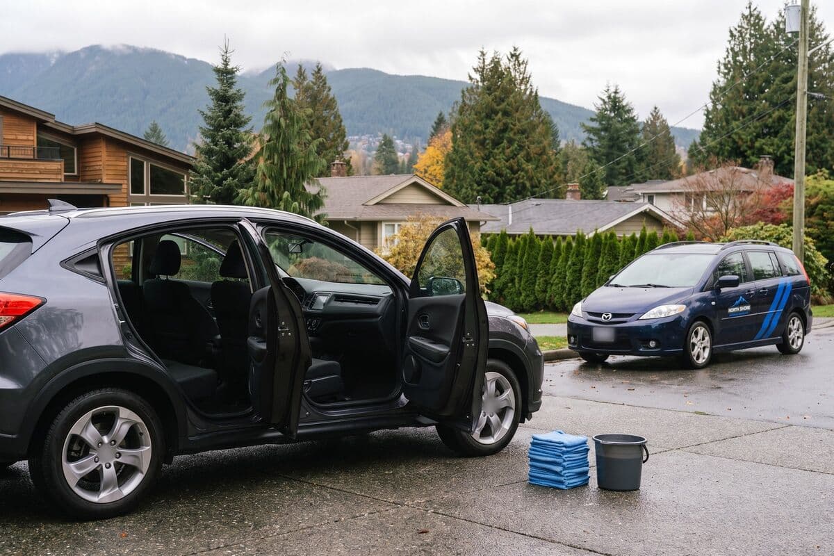 Grey SUV with its doors open for a full detail, microfibre towels and a bucket beside it and the detailing car across the street